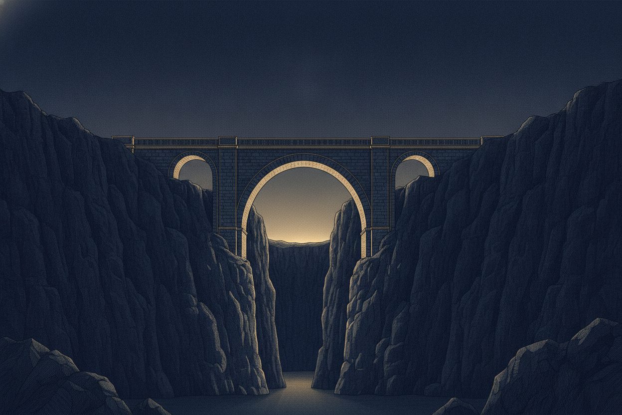 A stone arch bridge at dusk spans a deep gap between two dark cliffs; the space beneath the arch glows faint gold.