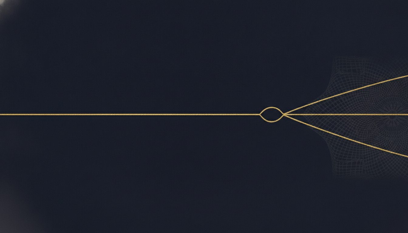 A single fine gold line crosses a dark navy field and splits into two strands that drift apart, over a faint engraved bond-certificate pattern.