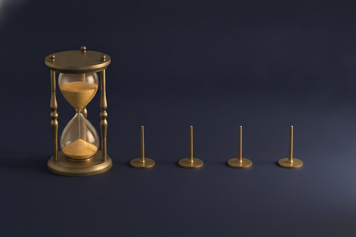 An antique brass hourglass beside four small brass markers standing in a row on a dark surface.